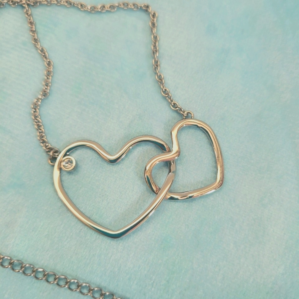 Interlocking Open Hearts Silvertone Necklace CZ Accent 18" Hypo-allergenic Inox